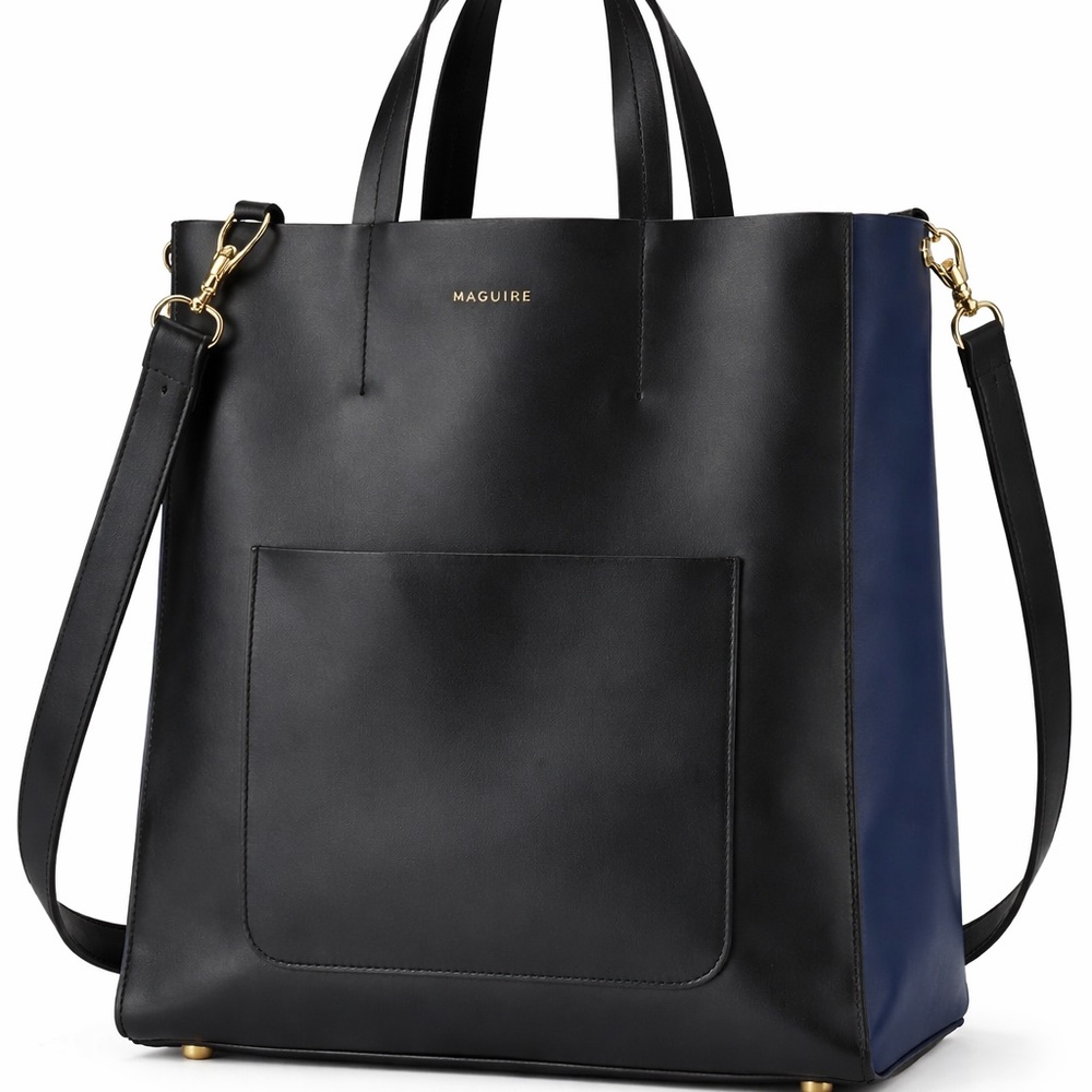 Maguire Black and Navy Leather Tote with Shoulder Strap